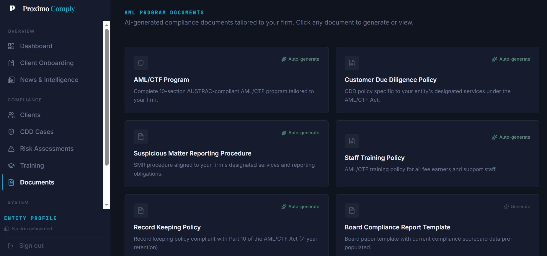Proximo Comply — AML Program Documents screen showing six auto-generate document tiles including AML/CTF Program, CDD Policy, SMR Procedure, Staff Training Policy, Record Keeping Policy, and Board Compliance Report