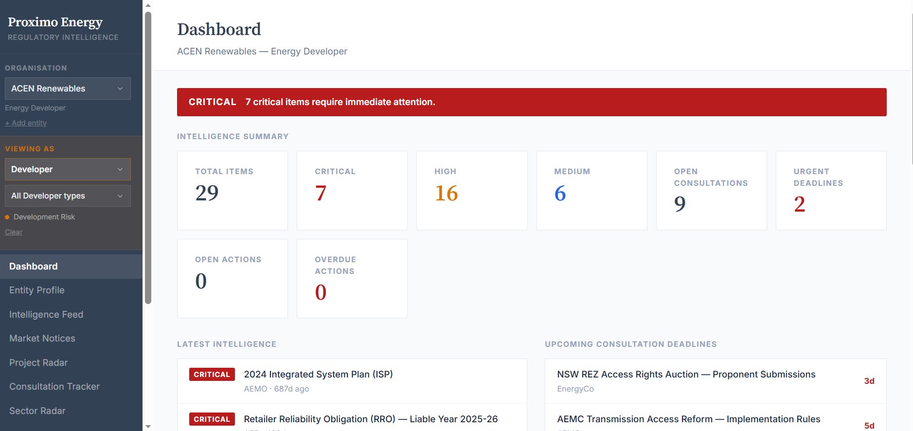 Proximo Energy — Intelligence Dashboard for ACEN Renewables showing 7 critical items, 16 high, 9 open consultations, 2 urgent deadlines and latest intelligence feed