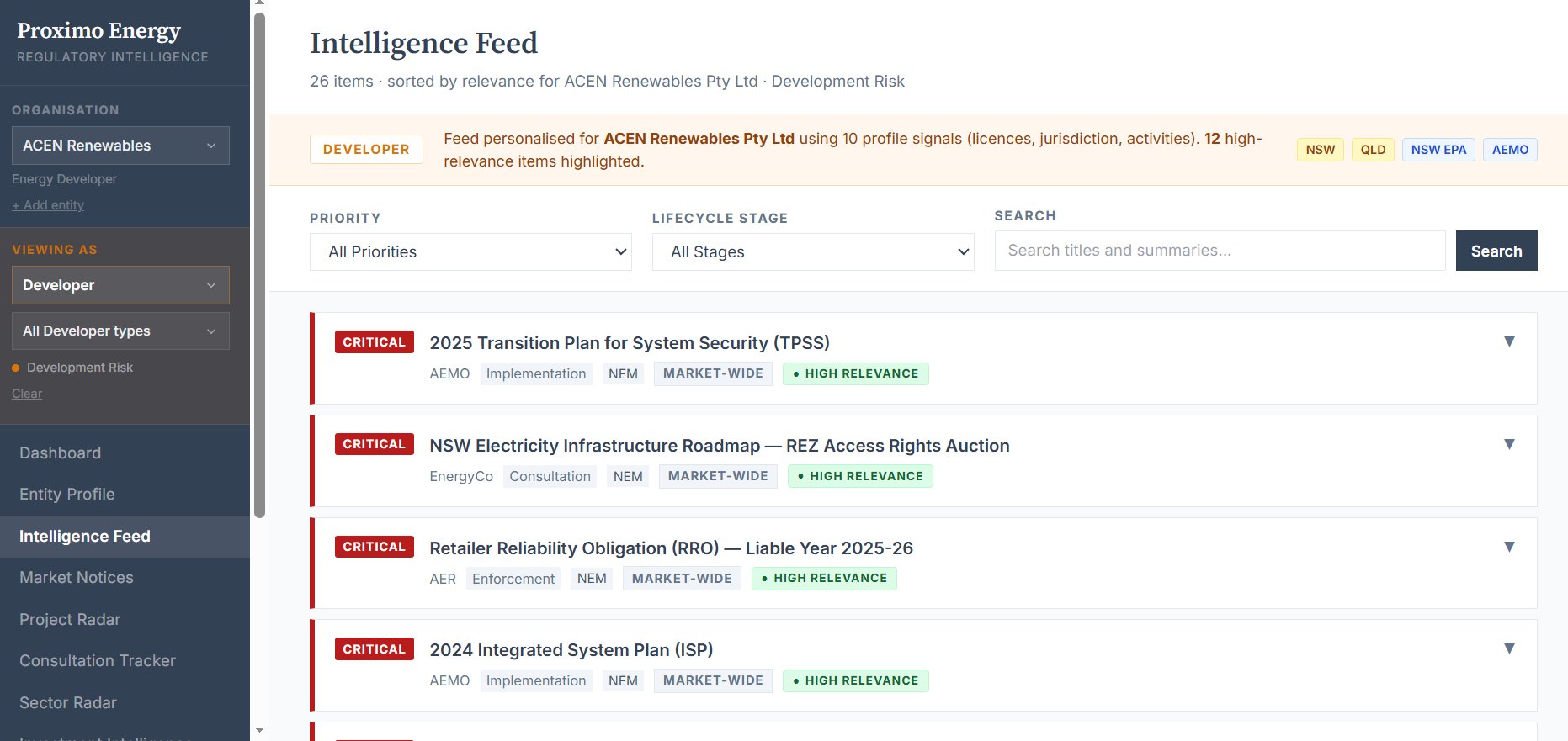 Proximo Energy — Intelligence Feed showing 4 Critical items including TPSS, NSW REZ Auction, RRO and ISP, all tagged High Relevance for ACEN Renewables
