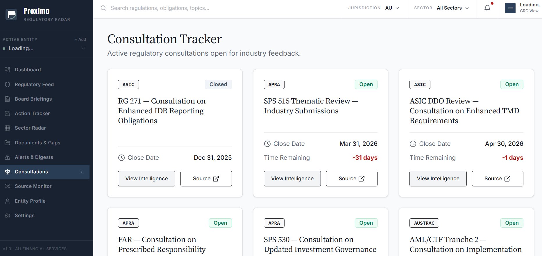 Proximo Regulatory Radar — Consultation Tracker showing ASIC, APRA and AUSTRAC consultations with open/closed status, close dates and time remaining countdowns