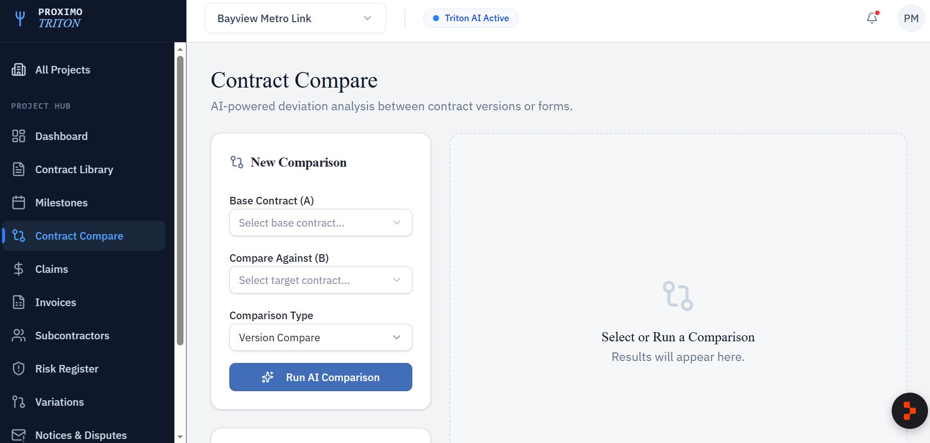Proximo Triton — Contract Compare module with Version Compare type, base and target contract selectors and Run AI Comparison button