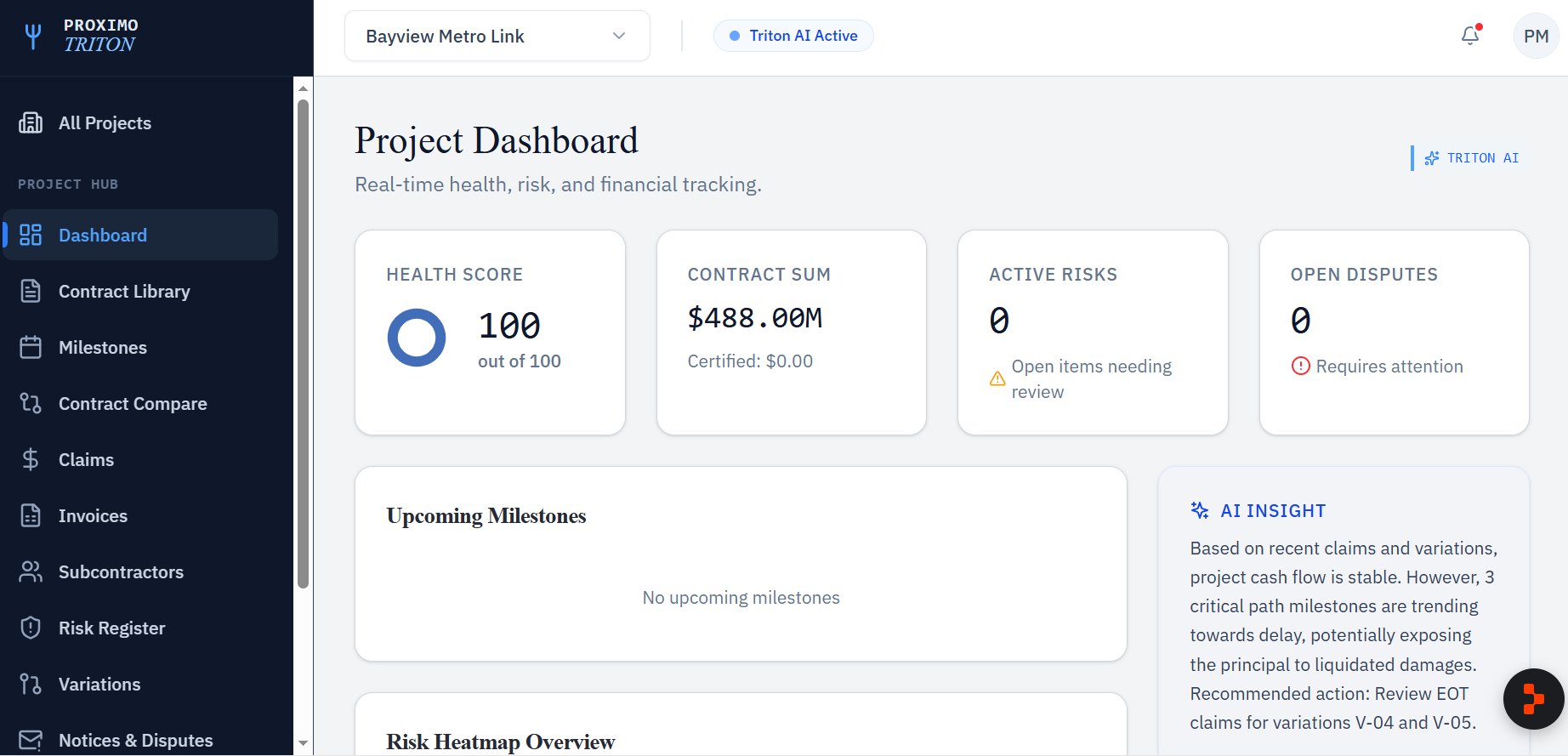 Proximo Triton — Project Dashboard for Bayview Metro Link showing $488M contract sum, 100/100 health score, 0 active risks, Triton AI active status and AI Insight panel
