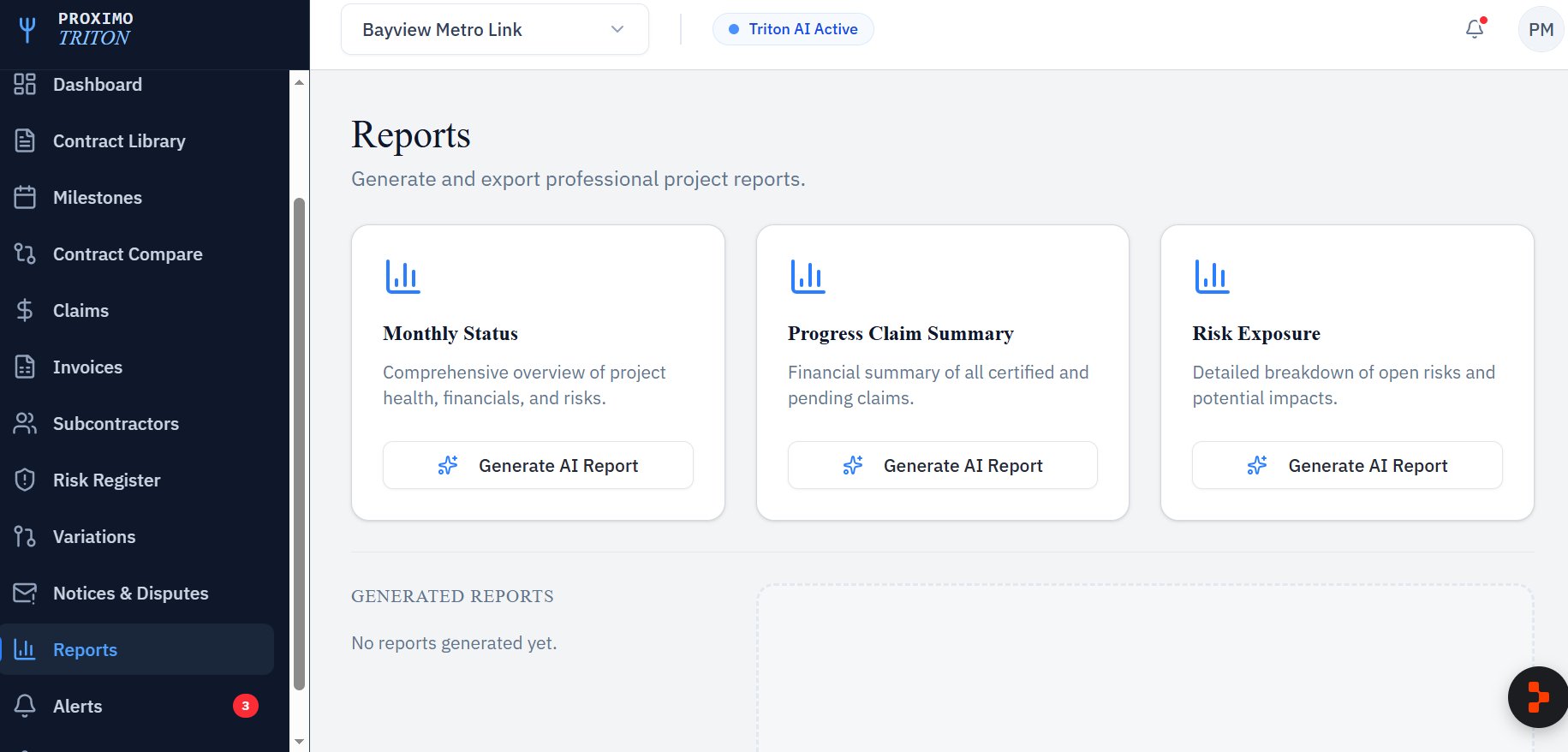 Proximo Triton — Reports module showing three Generate AI Report cards for Monthly Status, Progress Claim Summary, and Risk Exposure reports