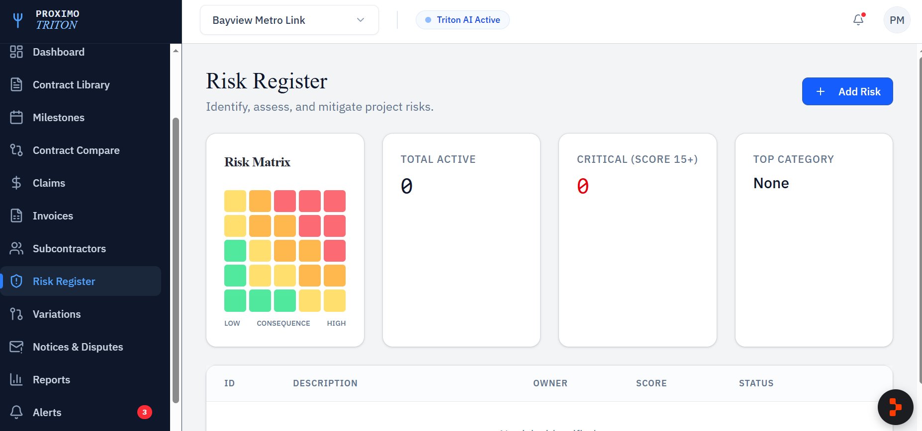 Proximo Triton — Risk Register showing 5x5 risk matrix with green, amber and red cells, total active risks, critical score 15+ count and top category fields